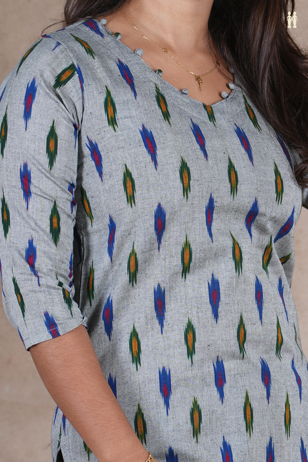 V- Neck Ikat Design Grey Cotton Long Kurta