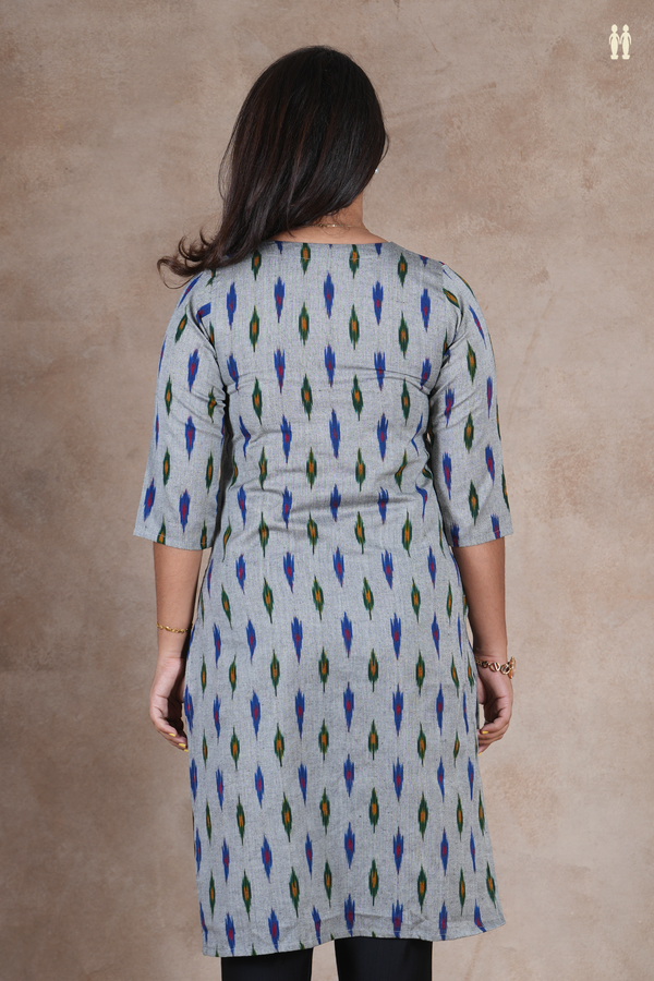 V- Neck Ikat Design Grey Cotton Long Kurta