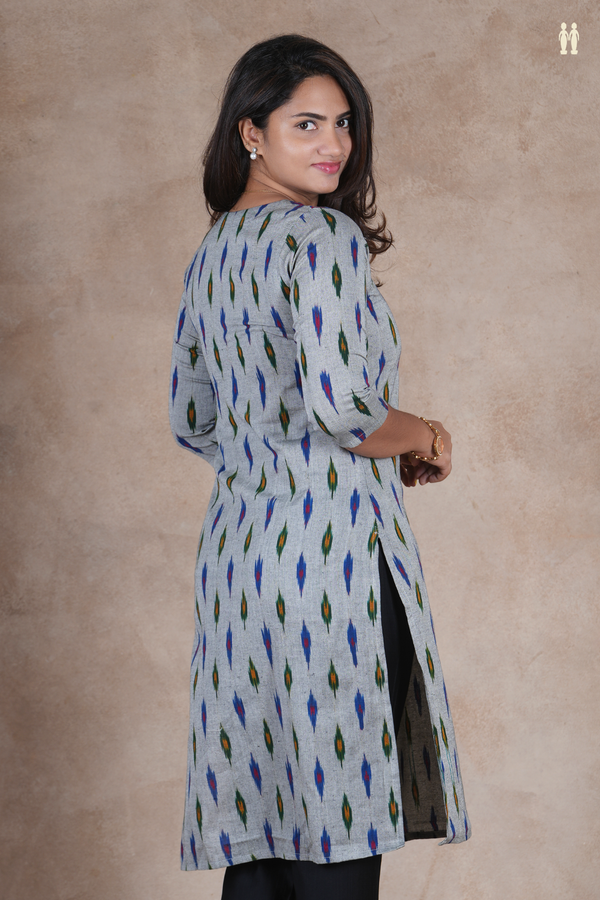 V- Neck Ikat Design Grey Cotton Long Kurta