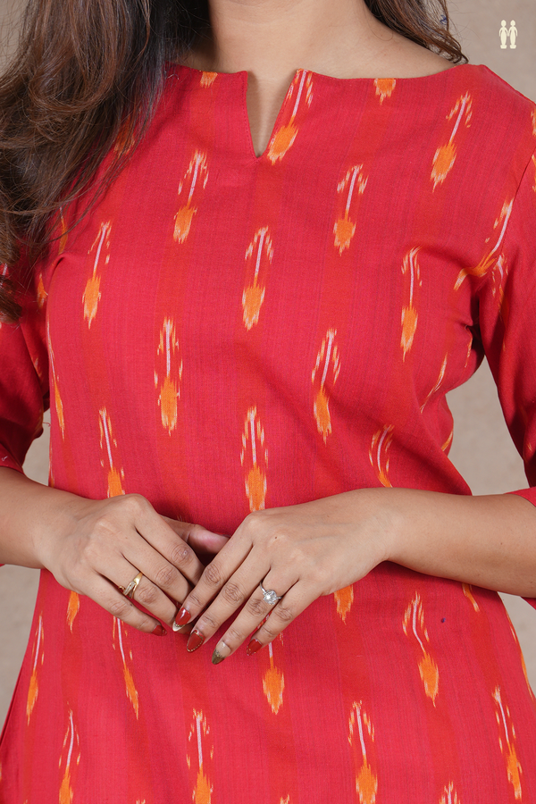 Mandarin Collar Ikat Design Red Cotton Long Kurta