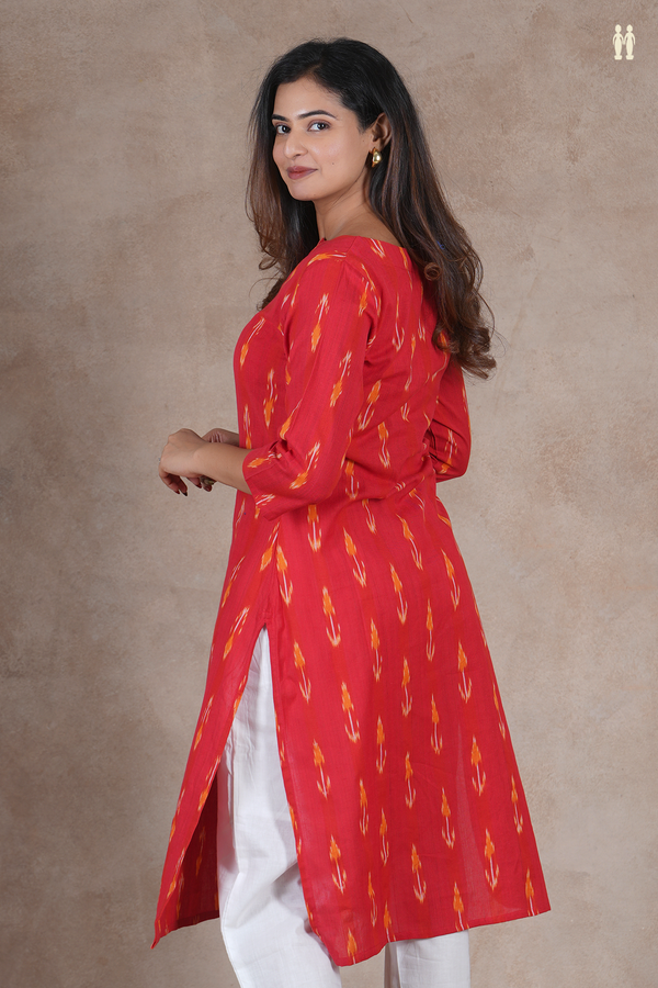 Mandarin Collar Ikat Design Red Cotton Long Kurta