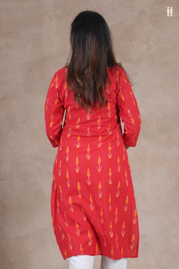 Mandarin Collar Ikat Design Red Cotton Long Kurta