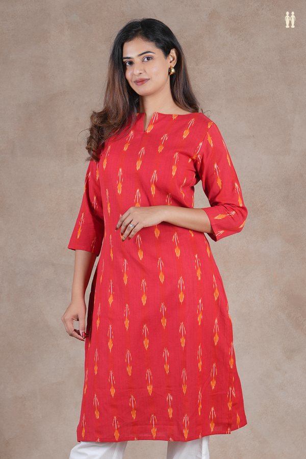 Mandarin Collar Ikat Design Red Cotton Long Kurta