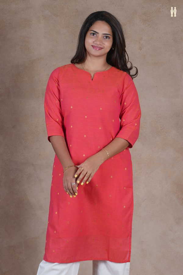Split Neck Polka Buttas Coral Pink Cotton Long Kurta
