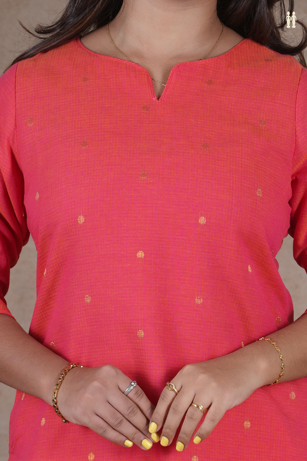 Split Neck Polka Buttas Coral Pink Cotton Long Kurta