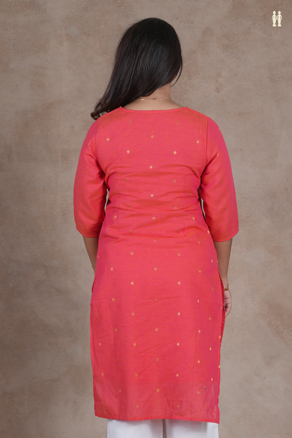 Split Neck Polka Buttas Coral Pink Cotton Long Kurta