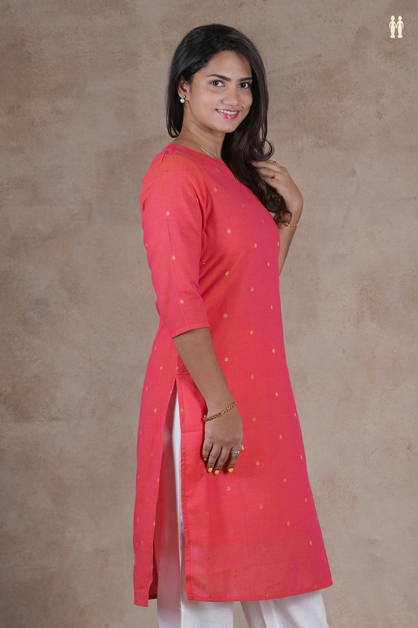 Split Neck Polka Buttas Coral Pink Cotton Long Kurta