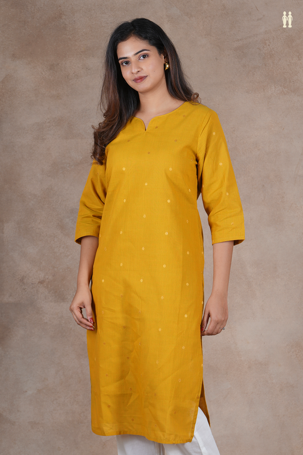 Split Neck Polka Buttas Yellow Cotton Long Kurta