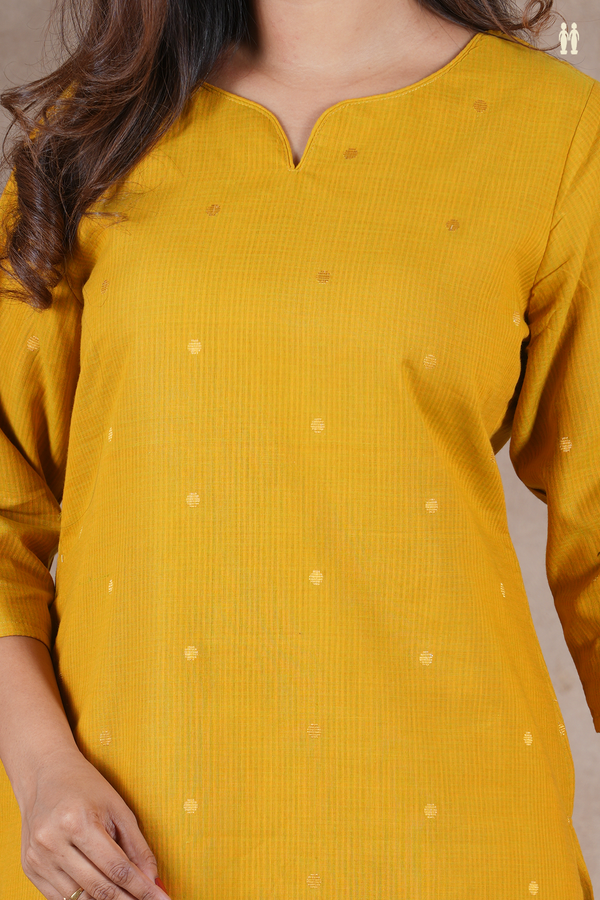 Split Neck Polka Buttas Yellow Cotton Long Kurta