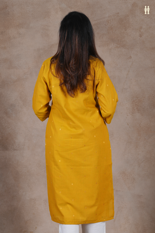 Split Neck Polka Buttas Yellow Cotton Long Kurta