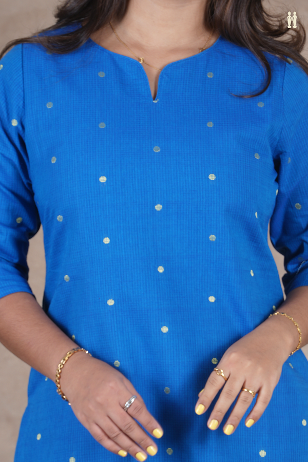 Split Neck Polka Buttas Blue Cotton Long Kurta