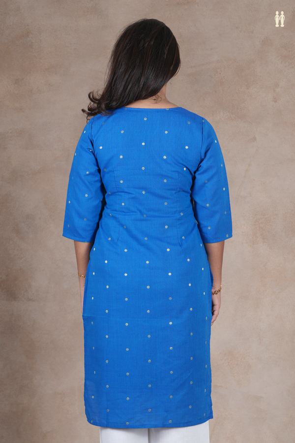 Split Neck Polka Buttas Blue Cotton Long Kurta