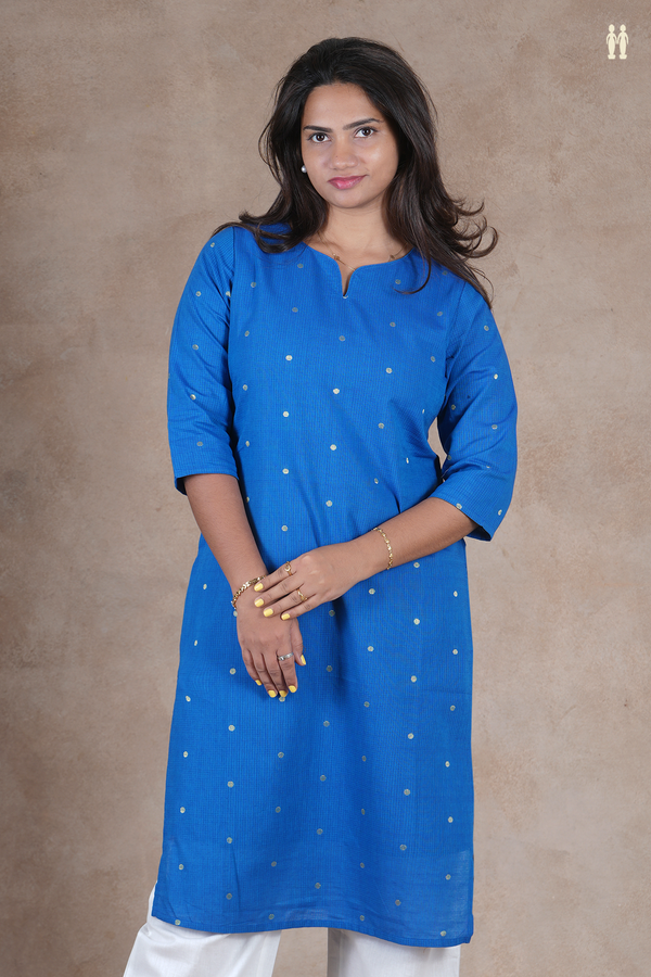 Split Neck Polka Buttas Blue Cotton Long Kurta