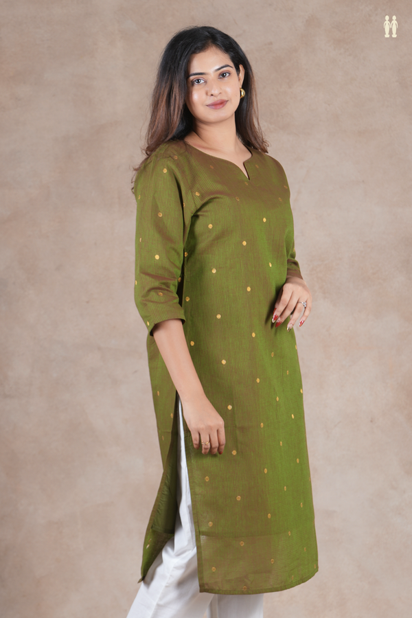 Split Neck Zari Buttis Dual Tone Cotton Long Kurta