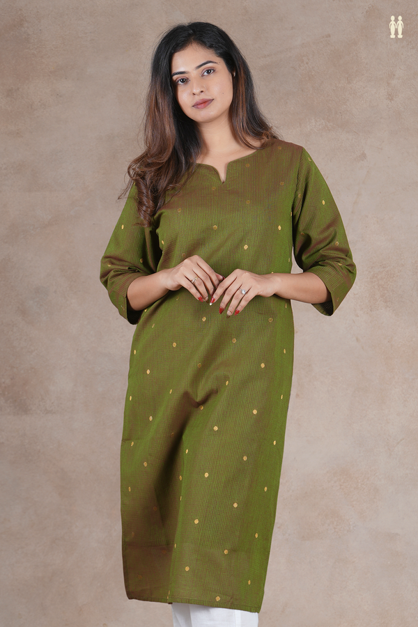 Split Neck Zari Buttis Dual Tone Cotton Long Kurta
