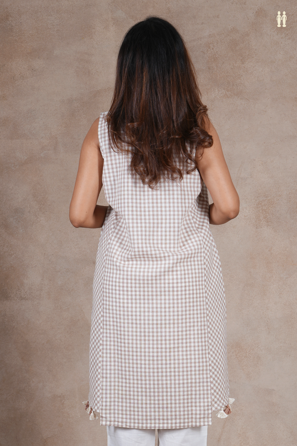 Boat Neck Checks Design White And Brown Cotton Long Kurta