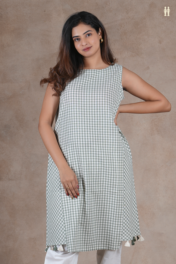 Boat Neck Checks Design White And Green Cotton Long Kurta