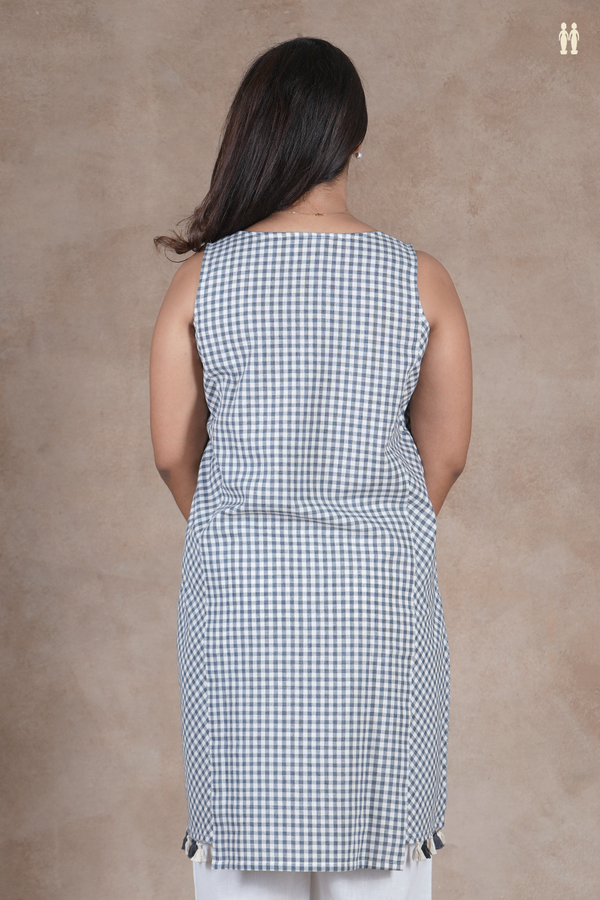 Boat Neck Checks Design Grey And White Cotton Long Kurta