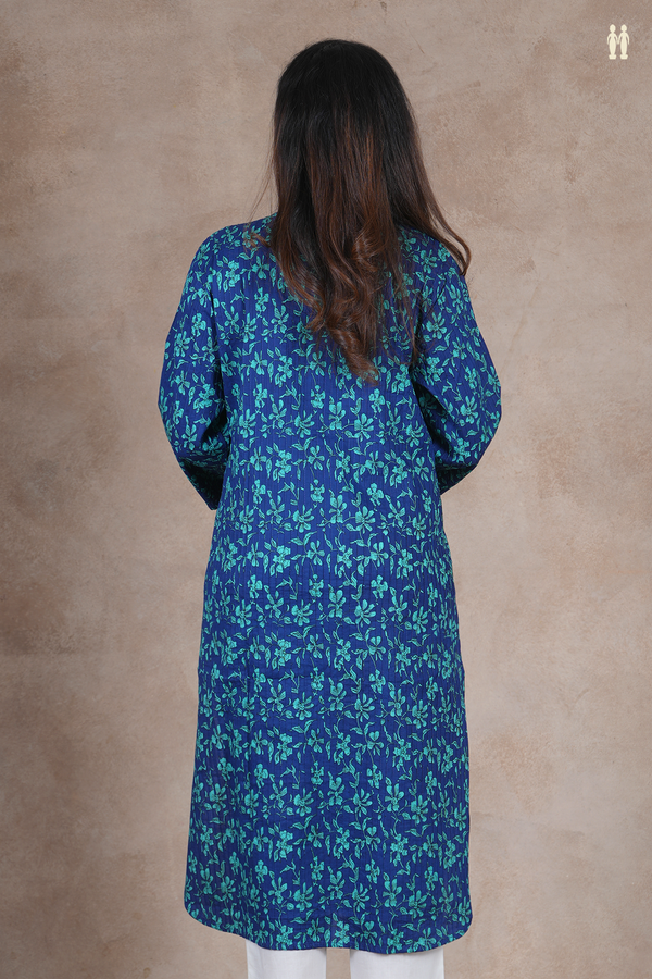 Mandarin Neck Floral Design Royal Blue Cotton Long Kurta