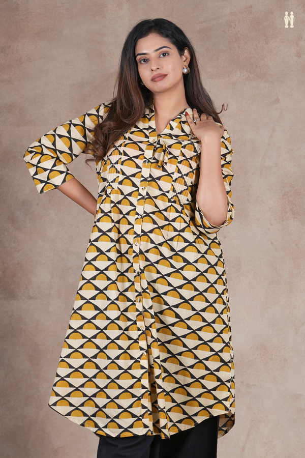 Mandarin Neck Geometric Design Cream Color Cotton Long Kurta
