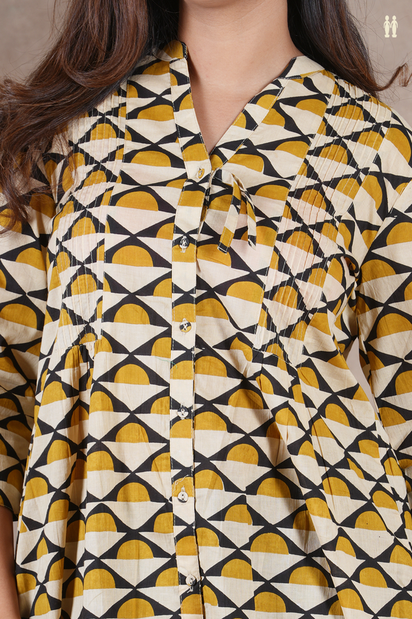 Mandarin Neck Geometric Design Cream Color Cotton Long Kurta