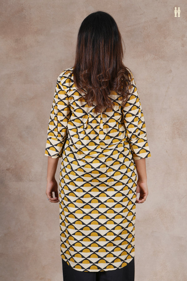 Mandarin Neck Geometric Design Cream Color Cotton Long Kurta