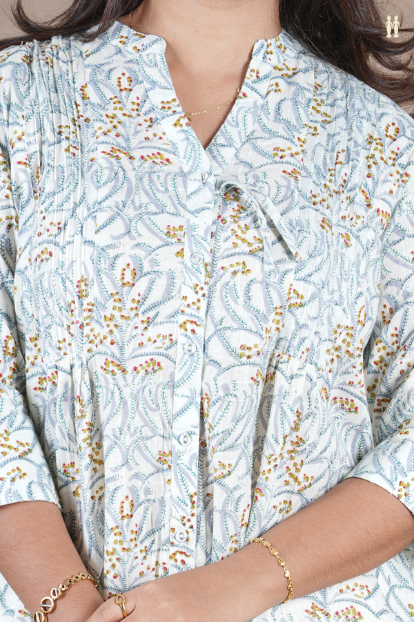 Mandarin Neck Printed Design Off White Cotton Long Kurta