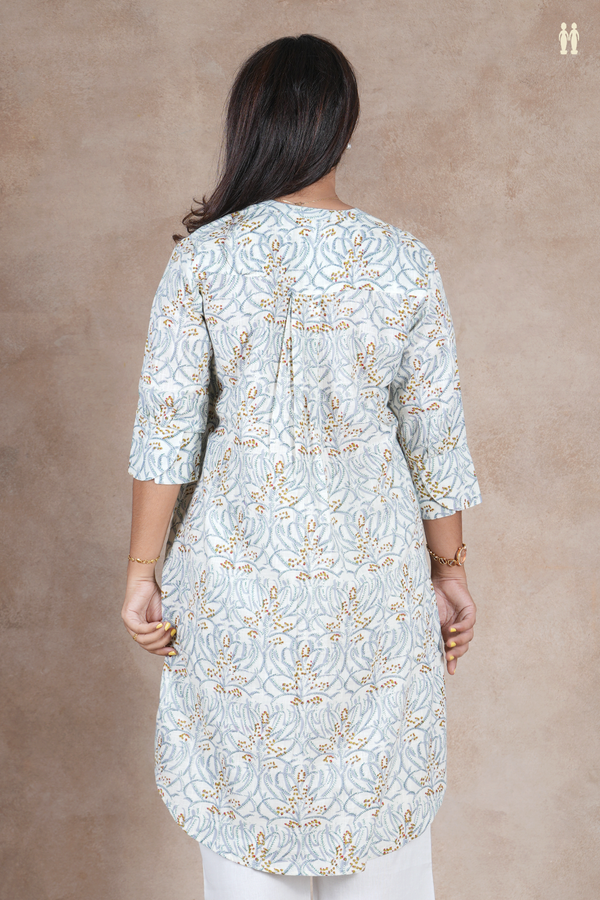 Mandarin Neck Printed Design Off White Cotton Long Kurta