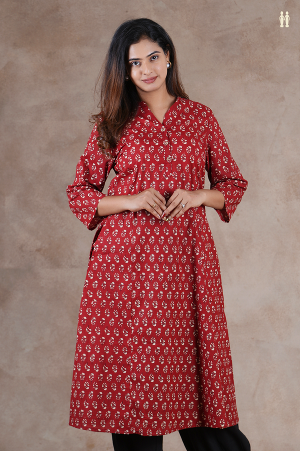Mandarin Neck Floral Buttas Rust Red Cotton Long Kurta