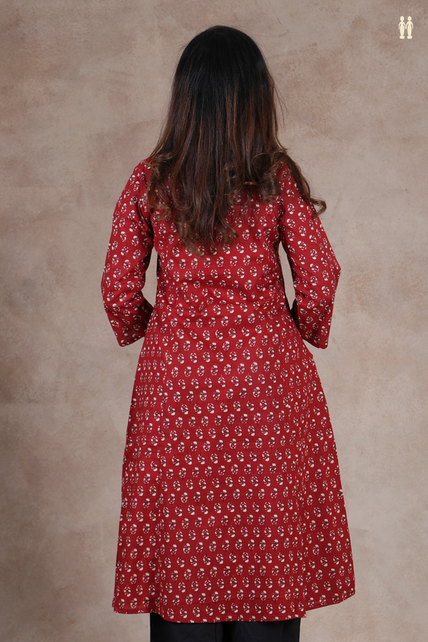 Mandarin Neck Floral Buttas Rust Red Cotton Long Kurta