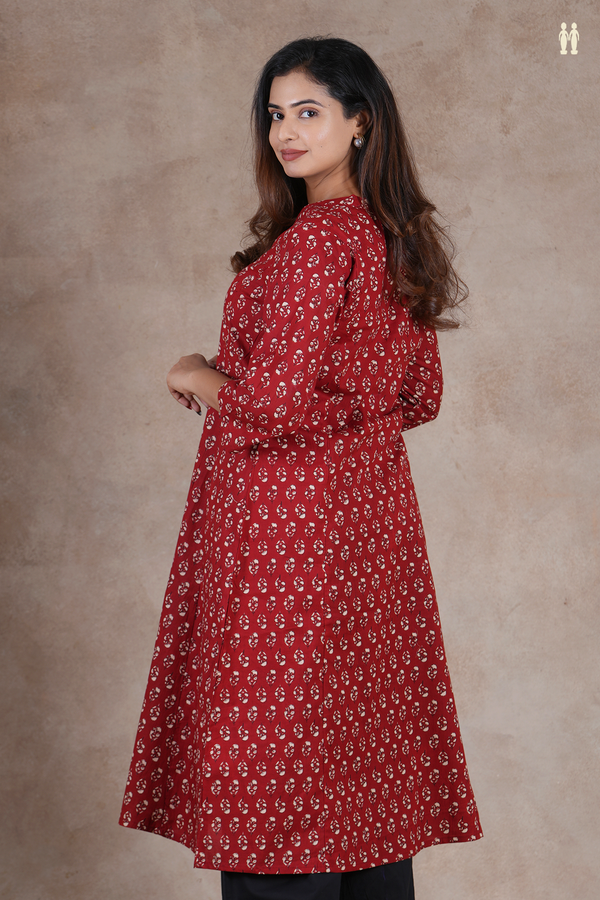 Mandarin Neck Floral Buttas Rust Red Cotton Long Kurta
