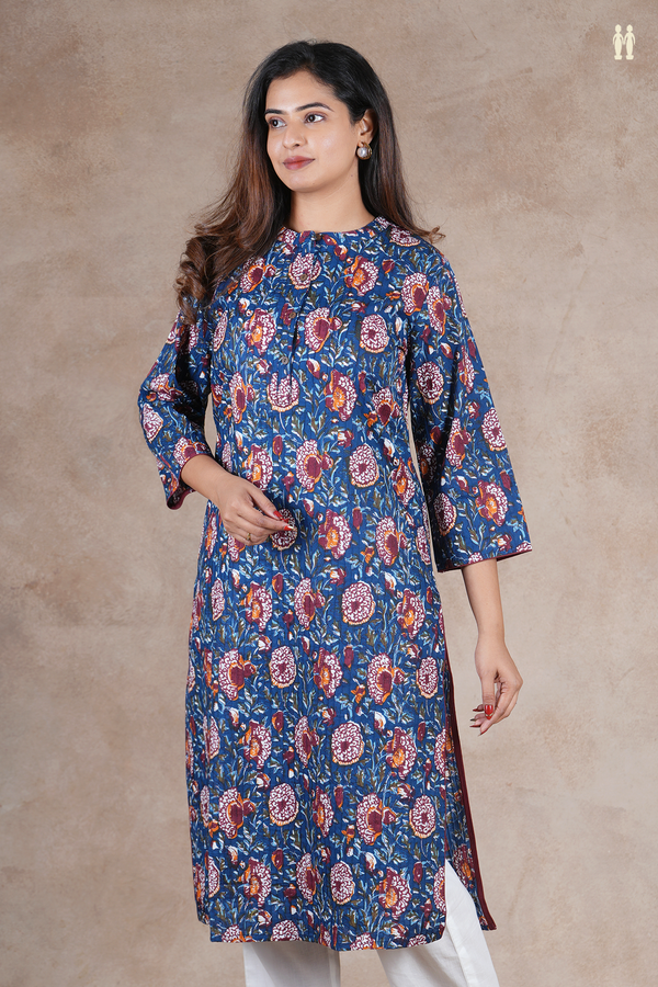 Mandarin Neck Floral Design Royal Blue Cotton Long Kurta