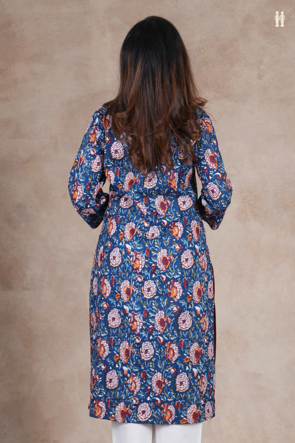 Mandarin Neck Floral Design Royal Blue Cotton Long Kurta