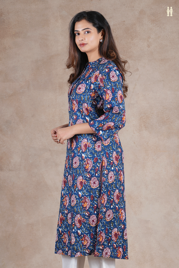 Mandarin Neck Floral Design Royal Blue Cotton Long Kurta