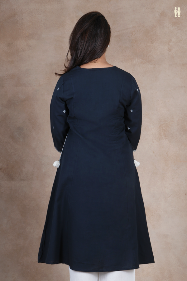 V- Neck Threadwork Buttas Jet Black Cotton Long Kurta