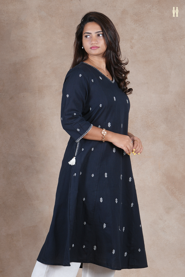 V- Neck Threadwork Buttas Jet Black Cotton Long Kurta