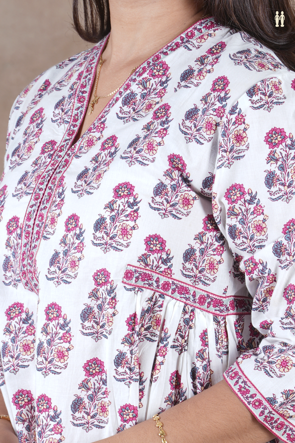 V-Neck Floral Design White Cotton Long Kurta