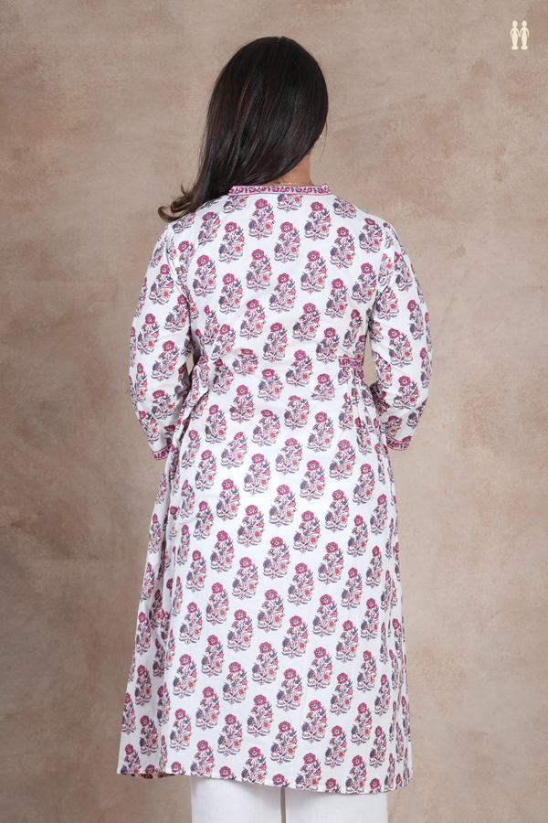V-Neck Floral Design White Cotton Long Kurta