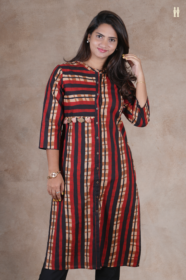 Mandarin Neck Stripes Design Multicolor Cotton Long Kurta