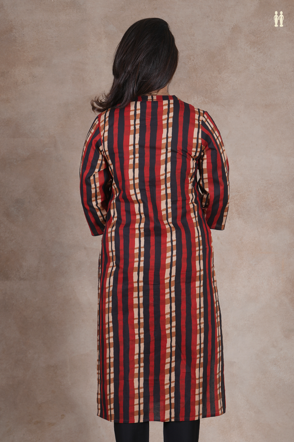 Mandarin Neck Stripes Design Multicolor Cotton Long Kurta