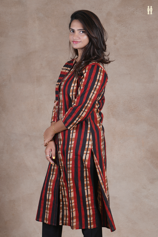 Mandarin Neck Stripes Design Multicolor Cotton Long Kurta