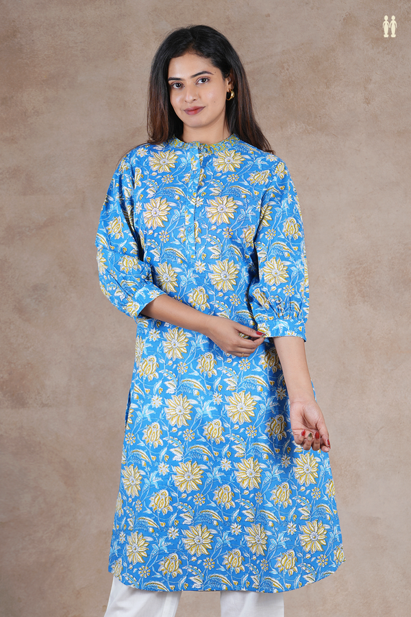 Mandarin Neck Floral Design Blue Cotton Long Kurta