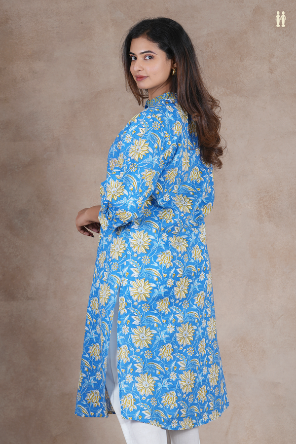Mandarin Neck Floral Design Blue Cotton Long Kurta