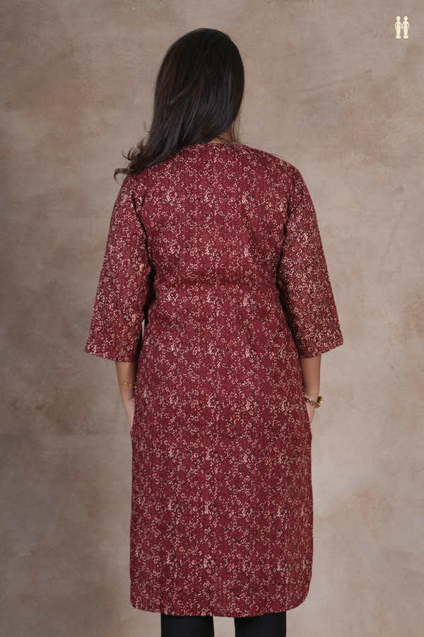Mandarin Neck Printed Design Maroon Cotton Long Kurta