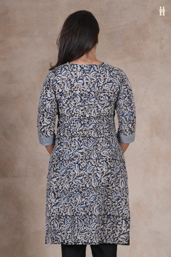 Split Neck Kalamkari Design Black Cotton Long Kurta