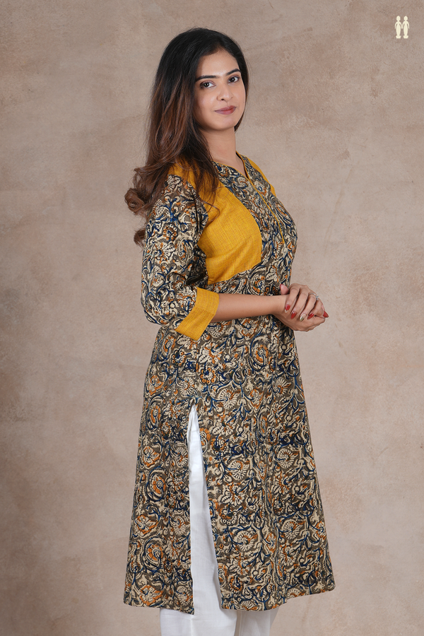Neck Floral Design Mehendi Green Long Kurta