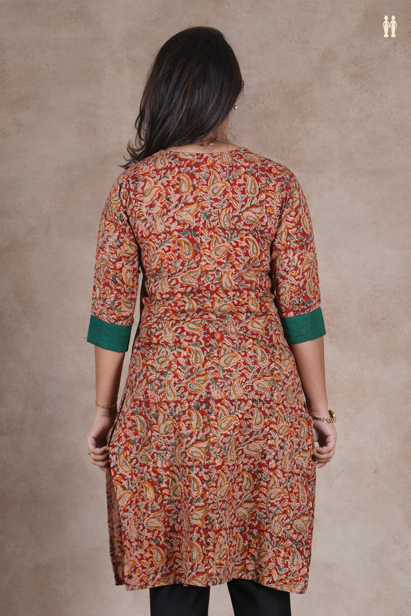 Split Neck Kalamkari Design Red Cotton Long Kurta