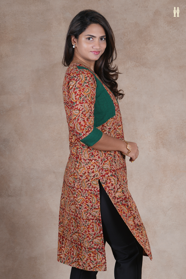 Split Neck Kalamkari Design Red Cotton Long Kurta