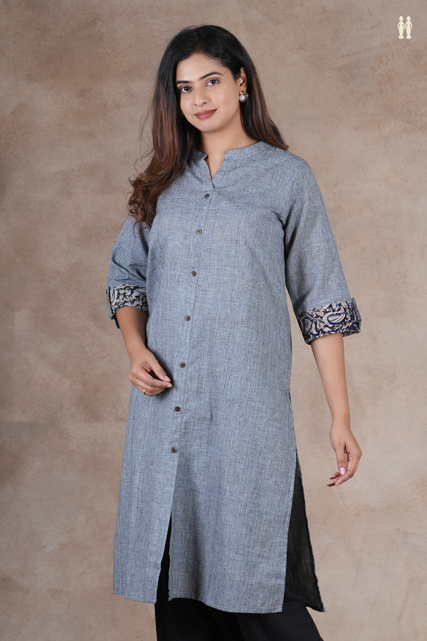 Mandarin Neck Plain Grey Cotton Long Kurta
