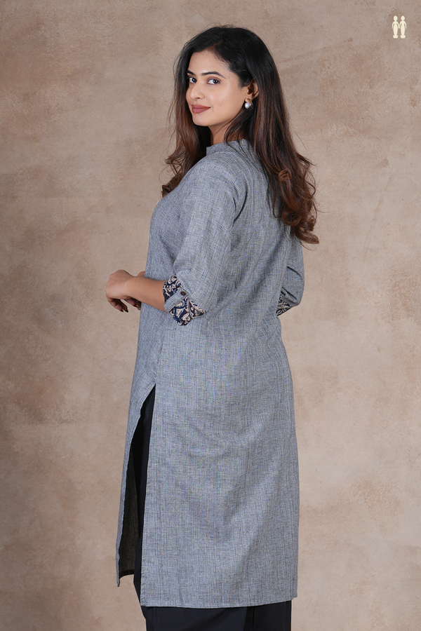 Mandarin Neck Plain Grey Cotton Long Kurta